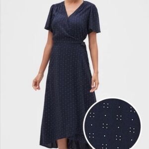 GAP Navy Blue Midi Wrap Dress with Subtle Dot Print